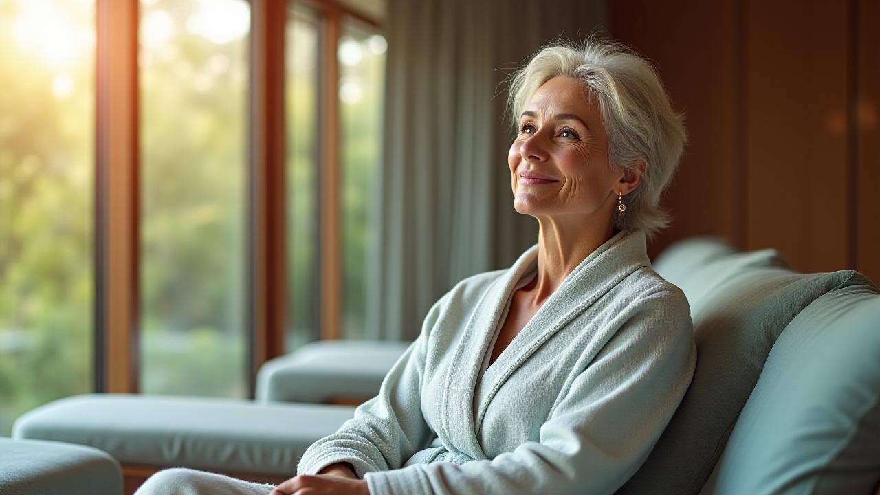 Eine selbstbewusste Frau genießt die serene Atmosphäre im Aqua Aura Spa
